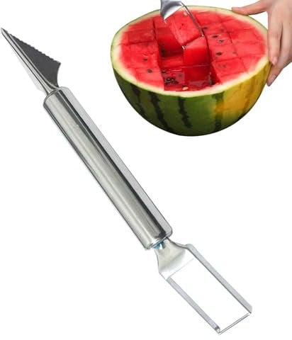 Affettatrice per frutta 2 in 1 in acciaio inox, 2024, nuovo affettatrice per anguria, coltello da taglio per forchette da frutta, coltello da taglio con manico rotondo, affettatrice per frutta melone