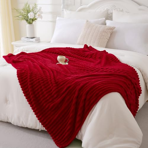 Linecooo Rote Fleece-Überwurfdecke, 152,4 x 203,2 cm, für Couch, Sofa, Bett, superweiche, gemütliche Plüsch-Mikrofaser-Flanelldecke mit Streifen-Design, leicht, für Erwachsene, Damen, Mädchen