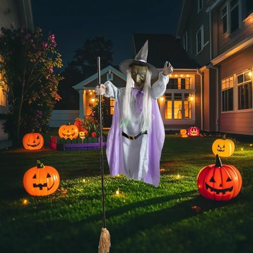 Animierte Halloween-Requisiten, Fliegende Hexe, Halloween-Dekoration, 1,8 m große animierte schwebende Hexe auf Besen mit gruseligen Geräuschen und Lichtern für Halloween im Garten, Hof