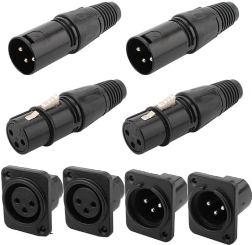 RUNCCI-YUN 4 Piezas Conector de soldadura XLR 3 pines,Conectores XLR,enchufe de cable de micrófono,toma de audio de micrófono +4 Piezas Conectores Hembra de Montaje en Panel XLR 3 Pines negra