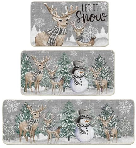 Christmas Kitchen Rugs and Mats, 3pcs/set Christmas Themed Kitchen Floor Mat, Kitchen Rug & Door Mat for Kitchen, Doorway, Hallway Decorations (Style 2)