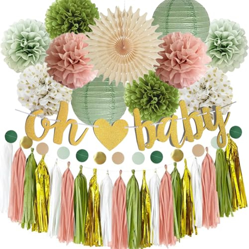 Babyparty Deko Mädchen Salbeigrün Rosa Baby Shower Deko Oh Baby Girlande Salbeigrün Rosa Gold Seidenpapier Pom Poms Papier Girlande Gender Reveal Neutral Babyparty Dekoration