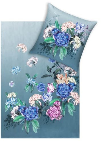 ESTELLA Bettwäsche Alice 4821 581 Blautanne Mako Satin Blumen Blüten Pfingstrosen Lila Blau, Größe:155 cm x 220 cm