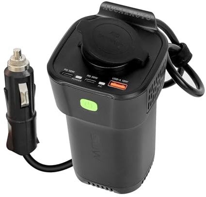 AUCARAUTO Convertitore di tensione da 150 W, DC 12 V a 230 V AC 5 in 1, con presa accendisigari da 10 A, 2 porte USB-C da 30 W e 1 USB-A da 18 W, nero