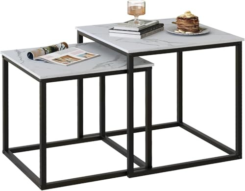 Huhote Nesting Tables, Set of 2 End Table, Coffee Tables with Metal Frame | Side Table for Living Room/Bedroom/Balcony/Office/Apartment, Diameter 50/45 cm (Black Frame, White Marble Pattern Top)