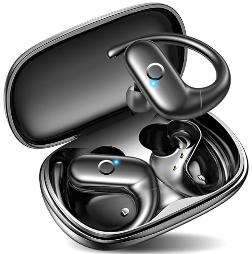kurdene Wireless Earbuds Bluetooth Headphones Sport,Over Ear Buds with Deep Bass Sound,60Hrs Playtime Earphones Redesigned Comfort Fit with Earhooks for Running,Meeting,Workout-Black