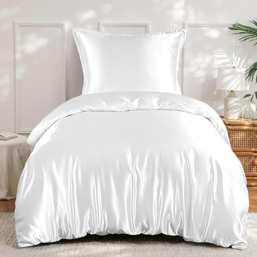 RUIKASI Satin Bettwäsche 155x220 Weiß - Seidig Luxus Bettbezug mit Glanz wie Seiden Bettwäsche Set für Haar und Haut, Glänzend Bettwäsche 155x220cm mit Reißverschluss und Kissenbezug 80x80cm