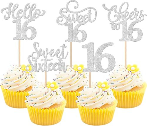 30 Stück 16th Geburtstag Tortendeko Glitzer Hello 16 Cheers to 16 Cupcake Toppers Sweet Sixteen 16 Kuchen Deko für Prost auf 16 Geburtstag Jahrestag Party Kuchen Dekoration Silber