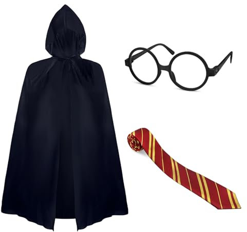 Oerphh Zauberer-Kostüm-Set, Zauberer-Kostüm, inklusive Zauberer-Umhang, Brille, Rahmen, Krawatte, Halloween, Welttag des Buches, Cosplay, für Erwachsene und Kinder, Rot, 3-teilig