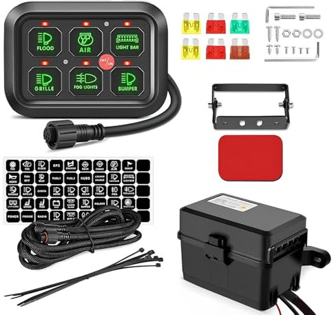 Panel de Interruptores de 6 Pandillas, 12V Sistema de Control de Crcuito Universal con Caja de Relé de Fusibles, Regulador Automático de Encendido/Apagado LED, para Coche, Barco, Camión, Caravana