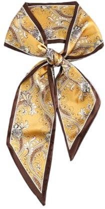 GIMIRO Satin Seidenschal 148 x 13,5 cm Krawatte Double Layer Bund für Blazer, Mantel, Kleid (Yellow Coffee Wave Flowers)