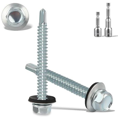 Vis Autoperforante 6.3x50MM 75 PCS pour Metal Bac Acier Toiture - Auto-Taraudeuses à Tête Hexagonale Avec Rondelle D'étanchéIté - 2 Douilles Hexagonales Incluses - Galvanisées, Argenté