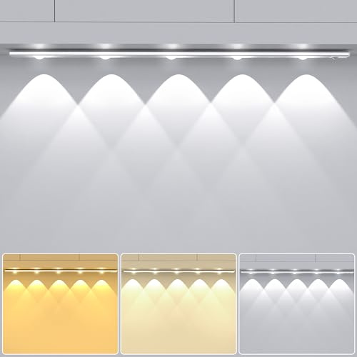 55CM LED Schrankbeleuchtung mit Bewegungsmelder, 2200mAh Dimmbar Küchenlicht 3 Farbtemperaturen 10%-100% Helligkeit Einstellbar Kleiderschrank Beleuchtung Kabellos LED Leuchte Akku Deko Schlafzimmer