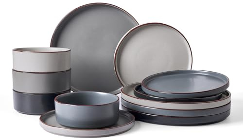 Richmount Halo Plates and Bowls Set, 12 Pieces Dinner Set for 4, Stoneware Dinnerware Sets with Dinner Plates/Salad Plate/Cereal Bowls, Dishwasher & Microwave Safe, Multi-Color