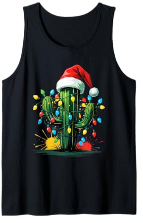 Cactus de Noël drôle avec Guirlande et Bonnet Rouge Débardeur