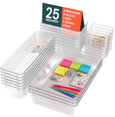 Avilia Set 25 Organizer Cassetti Trasparenti Impilabili - Divisori Modulari Plastica - Contenitori Cassettiera Scrivania, Armadio, Cucina, Make-up - Kit Salvaspazio 4 Formati