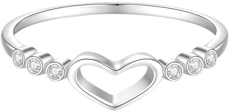 Mesnt Ring Weißgold 585, Frauen 14 Karat Weißgold Hohles Herz mit rundem Diamantring, Größe 58 (18.5)