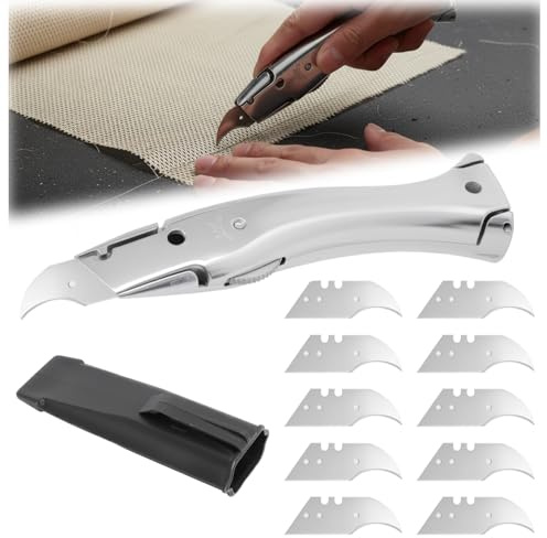 KQDRAVINE Cutter Profesional con Funda y 10 Hojas, Cutter de Seguridad con Hoja en Forma de Gancho, Cuchillo Delphin para Suelo de PVC y Cables