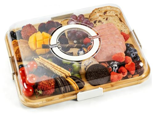 Charkuteribrickor med lock och handtag, b?rbar bambu ostbricka med 6 fack, k?tt frukt snacksserveringsbricka, Charkuteri l?d och sk?rplankor f?r inflyttning, k?k (vit)