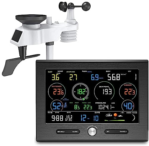 7 in 1 Wireless Weather Station, Wi-Fi Indoor/Outdoor Weather Station, with Thermometer, Humidity, Rain Gauge, Anemometer, Date & Frost Alarm, for Home Garden Farm