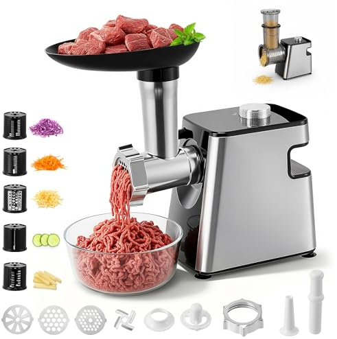 Picadora de carne eléctrica 2800W, 5 en 1: cortador verduras, rallador queso, embutidor y juego albóndigas. Máquina de cocina para picar, cortar y rallar.