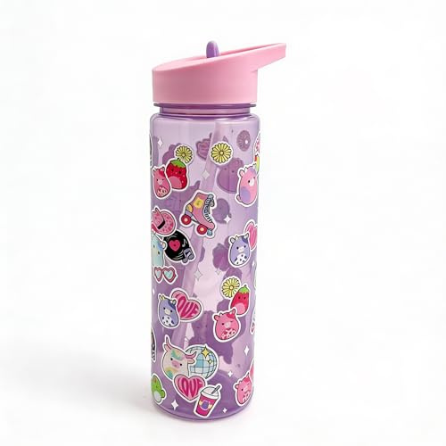 Squishmallows 600ml Leak Proof Water Bottle with Flip Straw Lid, BPA Free Kids Drinks Bottle with Carry Loop, Removable Straw Cute Pastel Squishmallows Style Bottle for School Travel Sports