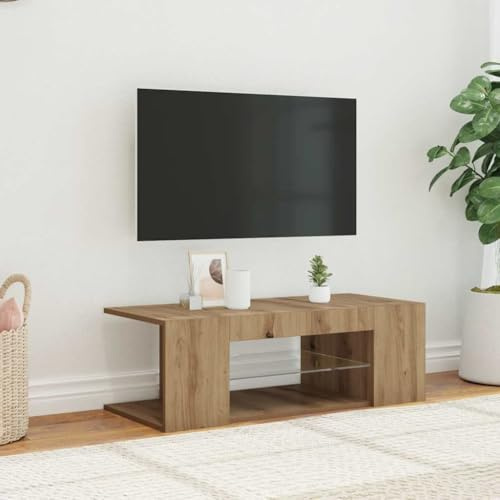 Meuble TV Moderne Blanc Brillant avec éclairage LED RVB, Console Multimédia en Bois D'ingénierie de 35,4 X 15,4 X 11,8 Pouces avec étagère de Rangement, Meuble TV alimenté par (Chênes