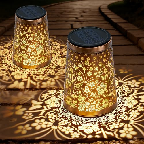Solarlaterne für Außen 2 Stück, Schmetterling Solarlampen für Außen Garten IP65 Wasserdicht Metall Solarlampen für Außen Hängend Geschenke für frauen Mama Oma für Deko Garten Balkon Terrasse