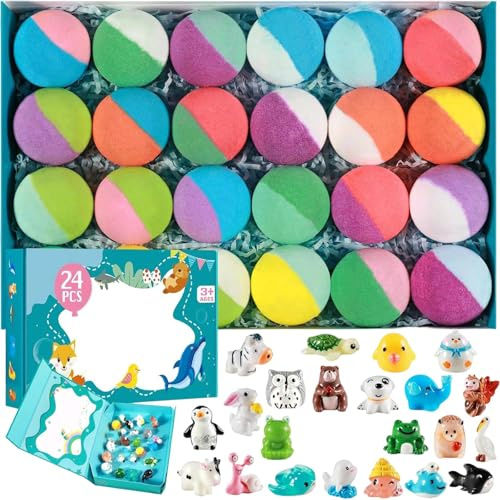 24er Set Badebomben mit Spielzeug, Bunte Badekugeln für Kinder – Überraschungs-Sprudelbad für Mädchen & Jungen – Geschenkset zu Ostern, Geburtstag, Muttertag, Weihnachten, Spielzeug