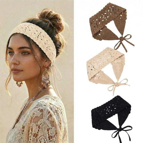 Xanthelle 3er Pack, Haarband Damen, Häkel Stirnband Vintage, Handgefertigte Strickwaren Weich, Boho Spitzen-Design mit Bindeband für Alltag Urlaub und Fotos, Beige Schwarz Braun