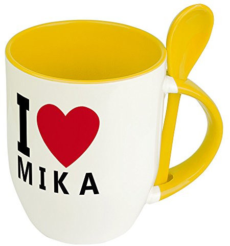 Namenstasse Mika - Löffel-Tasse mit Namens-Motiv I Love Mika - Becher, Kaffeetasse, Kaffeebecher, Mug - Gelb