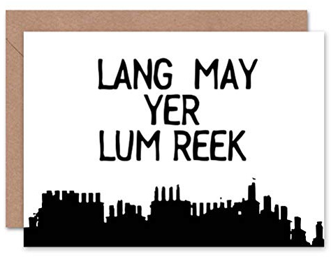 Wee Blue Coo QUOTE SCOTS SAYING LANG LUM REEK HOGMANAY SCOTLAND BLANK GREETINGS CARD