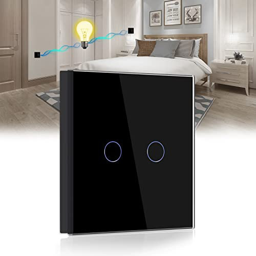 BSEED Touch Light Switch 2 Gang 2 Way, Tempered Glass Panel Light Switches with LED Indicator, Black Touch Sensitive Light Switch-No Neutral Wire