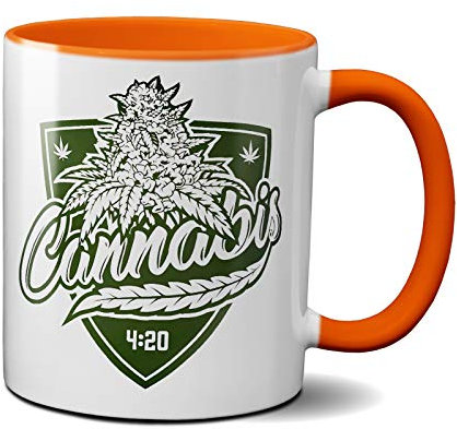 OM3® Cannabis 4:20 Kaffee-Tasse Hanfblatt Motiv - Lustige Kiffer Chiller - Keramik Becher - 325ml - Beidseitig Bedruckt - Orange