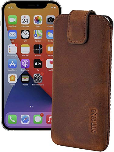 Suncase ECHT Ledertasche Leder Etui Tasche kompatibel mit iPhone 12 Mini (5.4) Hülle (mit Rückzugsfunktion und Magnetverschluss) antik-Coffee