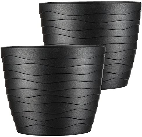 Tymar Pot de Fleurs, Pot de Plantes en Plastique, Lot de 2, Forme Ronde, Cache-Pot (13 cm, Noir)