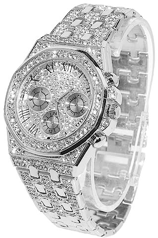 Halukakah Diamant Golduhr Iced Out, Männer Platin Weißgold Plattiert 20mm Breite Quarz Armband 22cm, mit Geschenkbox