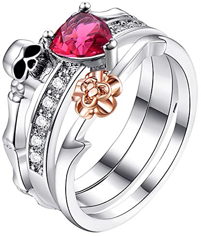 OIDEA Damen Totenkopf Ring mit Zirkonia: 2 Stück Herz Zirkon Ring Silber mit Schädel Ring Kreativ Stapelbare Bandring Schmuck Geschenk für Frauen Mutter Freundin Größe 54 (17.2)