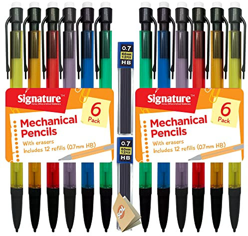 Lot de 12 porte-mines HB 0,7 mm | Lot de 24 mines de rechange | Porte-mines de 0,7 mm pour artistes et école | Crayons rétractables avec caoutchoucs à l'extrémité