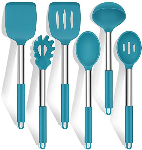 HaWare - Set di 6 utensili da cucina in silicone, con manico in acciaio inox, antiaderente, resistente al calore, facile da pulire e lavabile in lavastoviglie, colore: blu