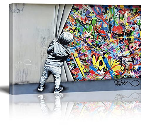 XIANGPEIFBH Klassische Street Art Banksy Graffiti Wandkunst hinter dem Vorhang Poster Leinwand Bunte Bilder Drucke für Wohnzimmerdekoration 80 x 120 cm (32 x 47 Zoll) ungerahmt