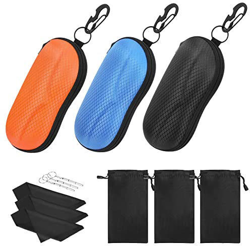 MoKo Eva Brillenetui, 3 Pack Universal Halbhart Brillen Case mit Metallhaken Mini Schraubendreher Tragbare Kratzfeste Brillenorganizer Aufbewahrung für Sonnenbrille Lesebrille, Schwarz&Blau&Orange