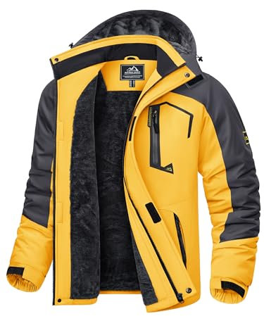 KEFITEVD Herren Skijacke Warm Gefütterte Softshelljacke Winter Atmungsaktiv Outdoorjacke Verdick Winddicht Übergangsjacke mit Kapuze Grau-gelb S
