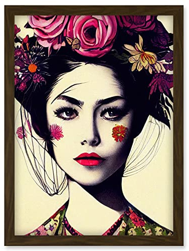 Doppelganger33 LTD Boho Woman With Flowers Headdress Modern Artwork Framed Wall Art Print A4