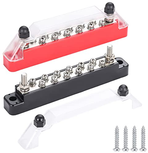 Greluma 12V Bloque de distribución de energía con espárragos terminales 2 x 1/4 (M6) y tornillos terminales 12 x M4 (n.º 8), bloque terminales de barra colectora, barra colectora positiva y negativa
