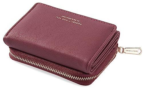Geldbörse Damen klein, Geldbeutel Damen klein, kleines Portemonnaie Damen mit Große Kapazität, Elegante Damen Geldtasche mit Großes Münzfach 77-Weinrot