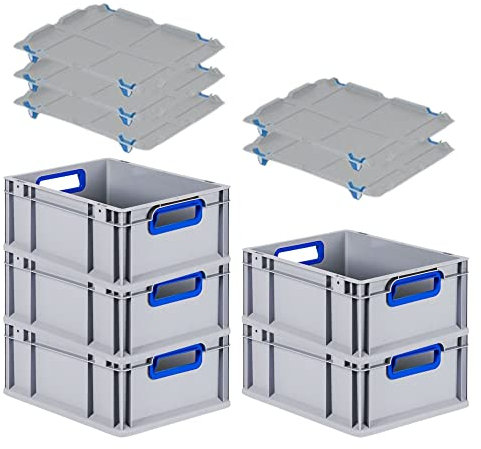 PROREGAL SuperSparSet 5x Eurobox NextGen Color mit Auflagedeckel & Schiebeschnappverschlüsse, HxBxT 17x30x40cm, 16L, Griffe blau offen, Glatter Boden, Eurobehälter Transportbox Transportbehälter