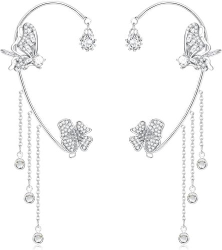 BSLVWG 2 Stück Schmetterling Ohrringe, Silber Ohr Manschette Kein Piercing, Clip Wrap Mit Blumen Quaste für Frauen Mädchen