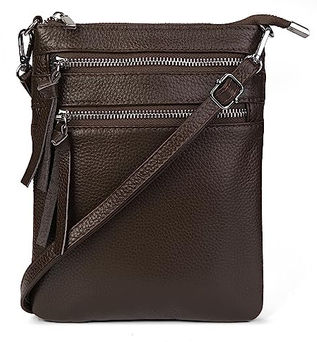 befen Small Leather Crossbody Purses for Women, Multi Pocket Cross Body Bag Zipper Purse and Handbags, Functional Slim Shoulder Bag with Adjustable Long Strap (Deep Coffee)