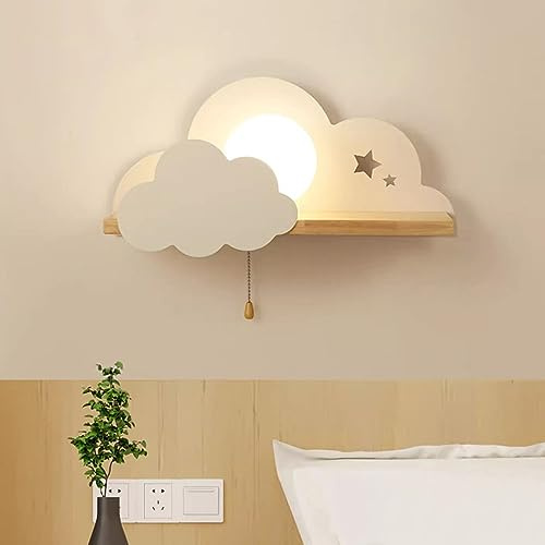 BININBOX Kreative LED-Wandlampe Wolke & Mond 7 W mit Zugschalter und Ablage für Schlafzimmerdekoration (Weiß, Warmes Licht)